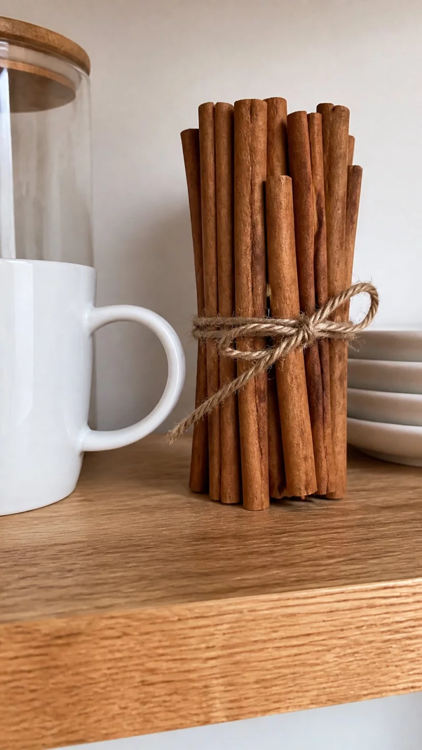 A super-realistic photo of a kitchen shelf with a bundle of long cinnamon sticks tied together with rough brown twine resting next to a white mug, everyday social media post aesthetic, photorealistic, high-quality mobile photography, shot on an iPhone 14