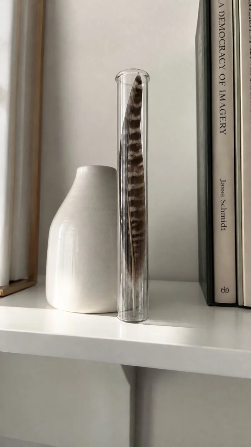 A super-realistic photo of a bedroom shelf featuring a tall thin clear glass vial with a single brown striped feather inside leaning against a white vase, everyday social media post aesthetic, photorealistic, high-quality mobile photography, shot on an iPhone 14