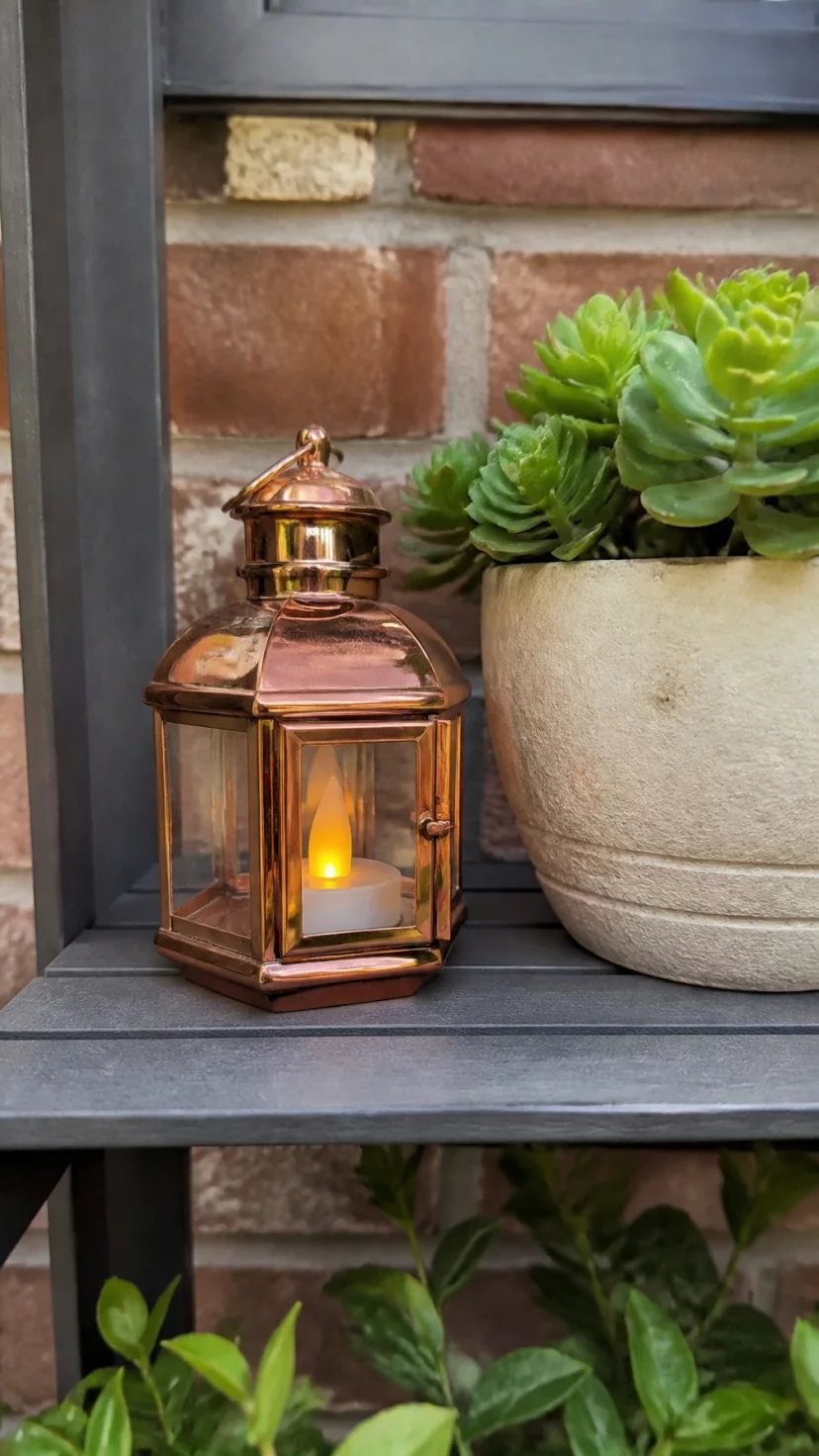 A super-realistic photo of a patio shelf featuring a small copper lantern with a tiny glowing LED candle inside next to a potted succulent, everyday social media post aesthetic, photorealistic, high-quality mobile photography, shot on an iPhone 14