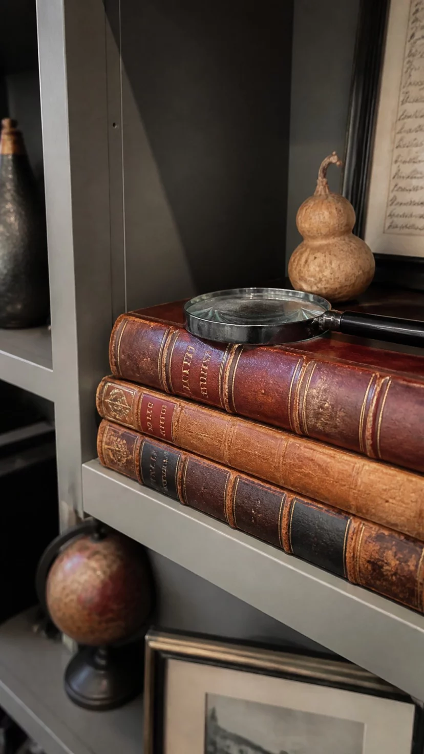 A super-realistic photo of an office shelf with a stack of old brown leather-bound books topped with a magnifying glass and a small dried gourd, everyday social media post aesthetic, photorealistic, high-quality mobile photography, shot on an iPhone 14