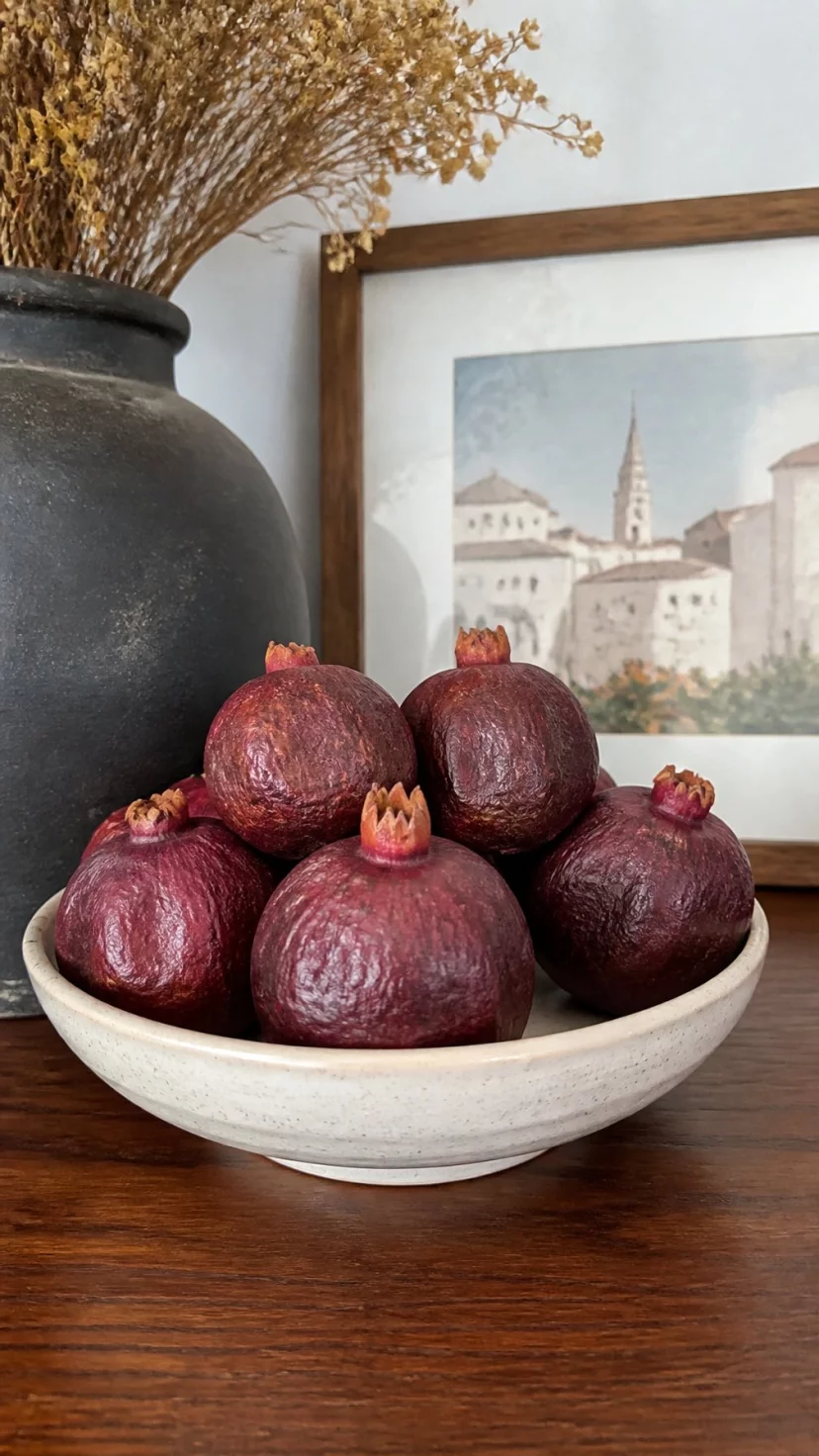 A super-realistic photo of a dining room shelf with several dried pomegranates showing deep red leathery skin resting in a shallow ceramic dish, everyday social media post aesthetic, photorealistic, high-quality mobile photography, shot on an iPhone 14
