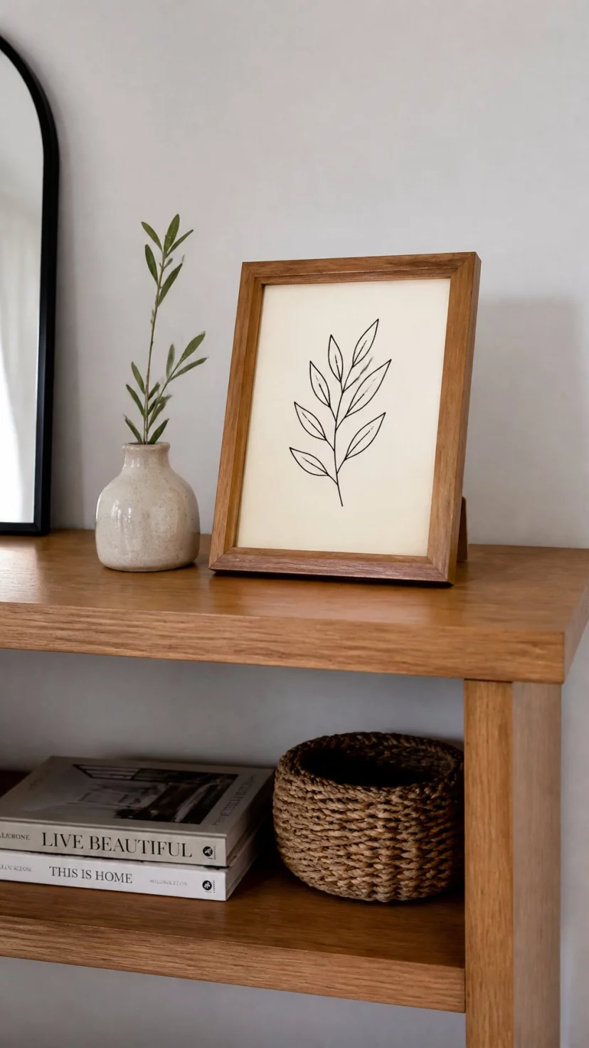 A super-realistic photo of an entryway shelf with a small wooden frame displaying a simple black line drawing of a leafy branch on off-white paper, everyday social media post aesthetic, photorealistic, high-quality mobile photography, shot on an iPhone 14