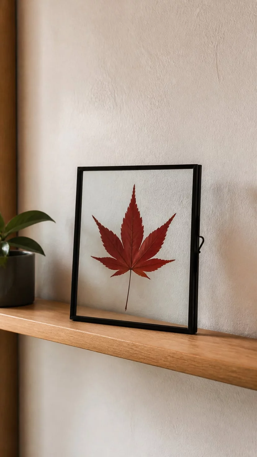 A super-realistic photo of a hallway shelf with a thin black frame containing a perfectly pressed red maple leaf leaning against a textured plaster wall, everyday social media post aesthetic, photorealistic, high-quality mobile photography, shot on an iPhone 14