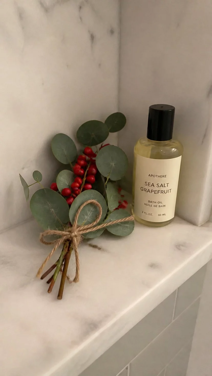 A super-realistic photo of a bathroom shelf with a small bundle of silver dollar eucalyptus and red berries tied with a twine string resting near a bottle of bath oil, everyday social media post aesthetic, photorealistic, high-quality mobile photography, shot on an iPhone 14