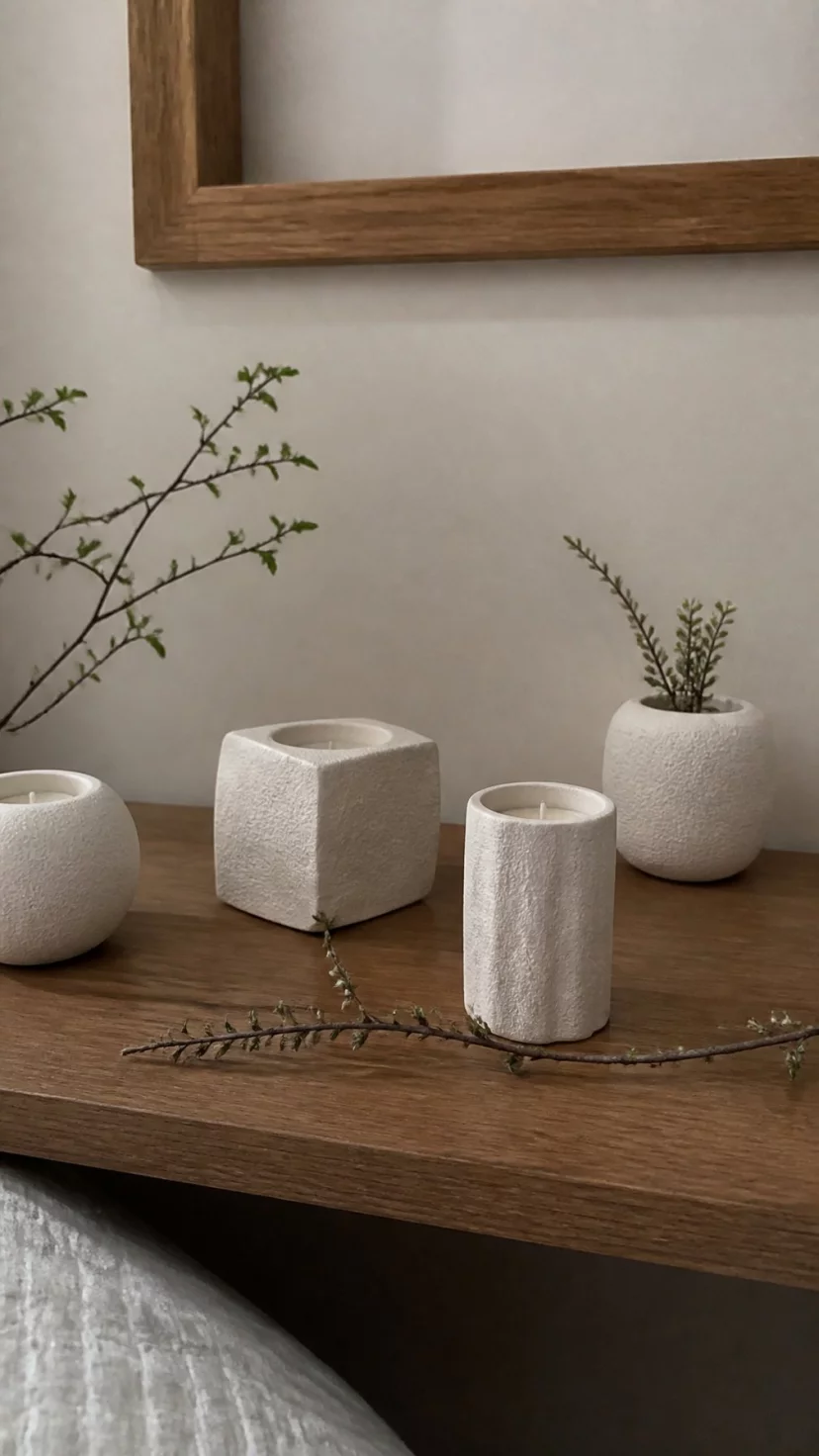 A super-realistic photo of a bedroom shelf with several white textured plaster tea light holders of different shapes scattered among a few small branches, everyday social media post aesthetic, photorealistic, high-quality mobile photography, shot on an iPhone 14