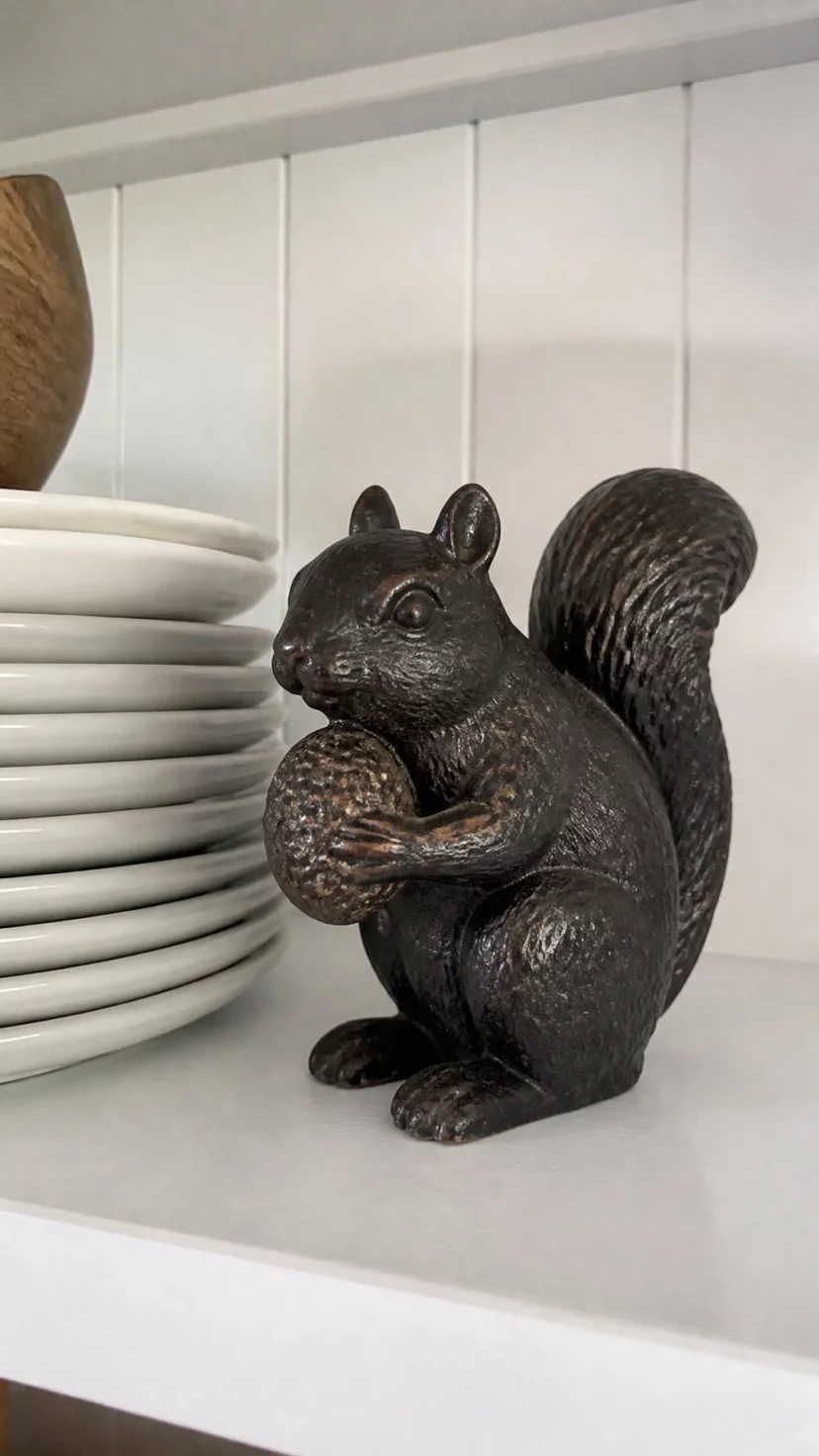 A super-realistic photo of a kitchen shelf with a small heavy cast iron squirrel figurine holding a nut standing next to a stack of white plates, everyday social media post aesthetic, photorealistic, high-quality mobile photography, shot on an iPhone 14