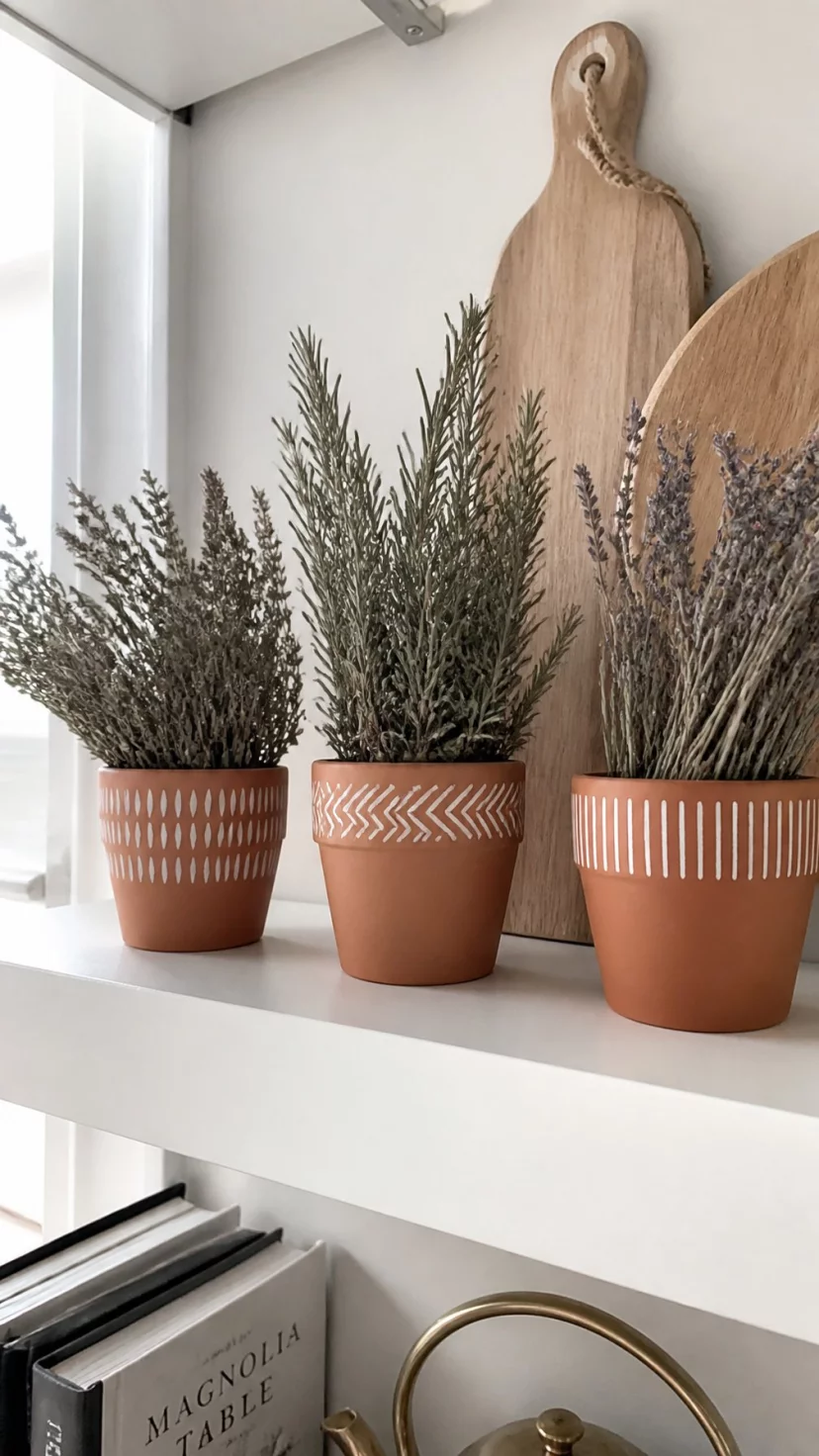A super-realistic photo of a bright kitchen shelf with three small terra cotta pots painted with simple white geometric patterns and holding dried herbs, everyday social media post aesthetic, photorealistic, high-quality mobile photography, shot on an iPhone 14