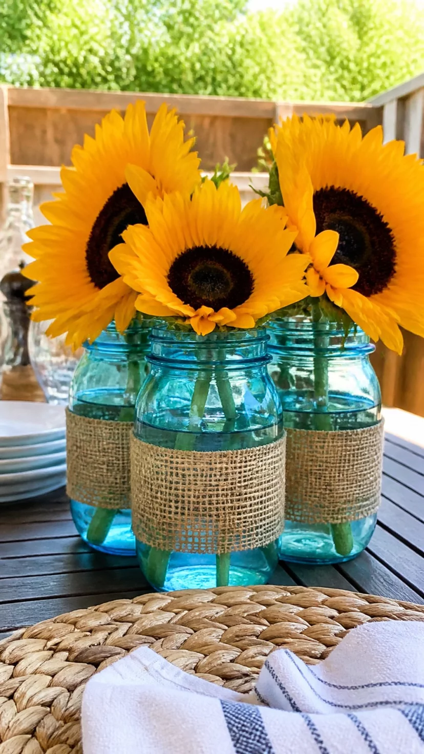 Burlap Wrapped Mason Jars With Sunflowers A super-realistic photo of a rustic outdoor table featuring a cluster of three blue glass mason jars wrapped in rough burlap ribbon, the jars filled with bright yellow sunflowers and dark center seeds, tall green stems visible through the glass, bright sunlit backyard setting, everyday social media post aesthetic, photorealistic, high-quality mobile photography, shot on an iPhone 14