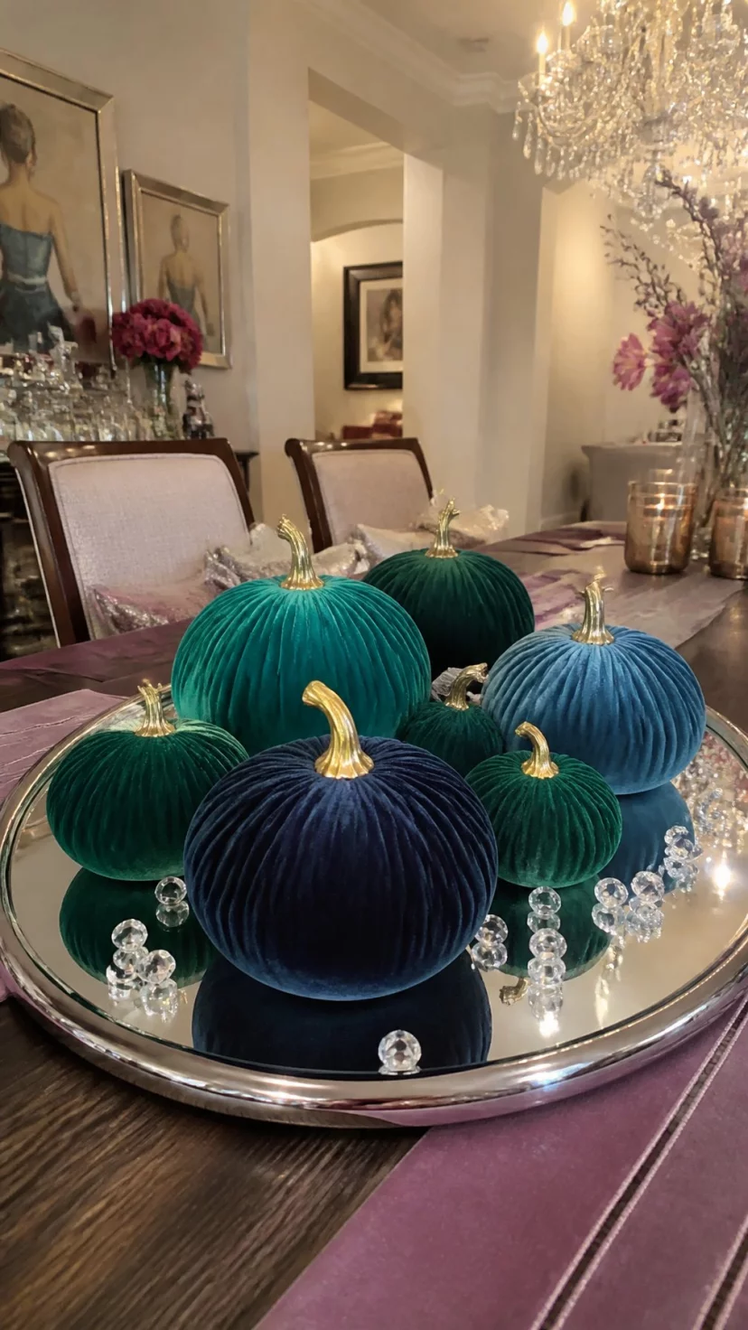 Velvet Pumpkins On A Mirror Tray A super-realistic photo of a glamorous dining room table featuring a silver mirrored tray topped with several plush velvet pumpkins in shades of teal, navy, and emerald green, small crystal beads scattered on the tray, soft overhead chandelier lighting reflecting in the mirror, everyday social media post aesthetic, photorealistic, high-quality mobile photography, shot on an iPhone 14