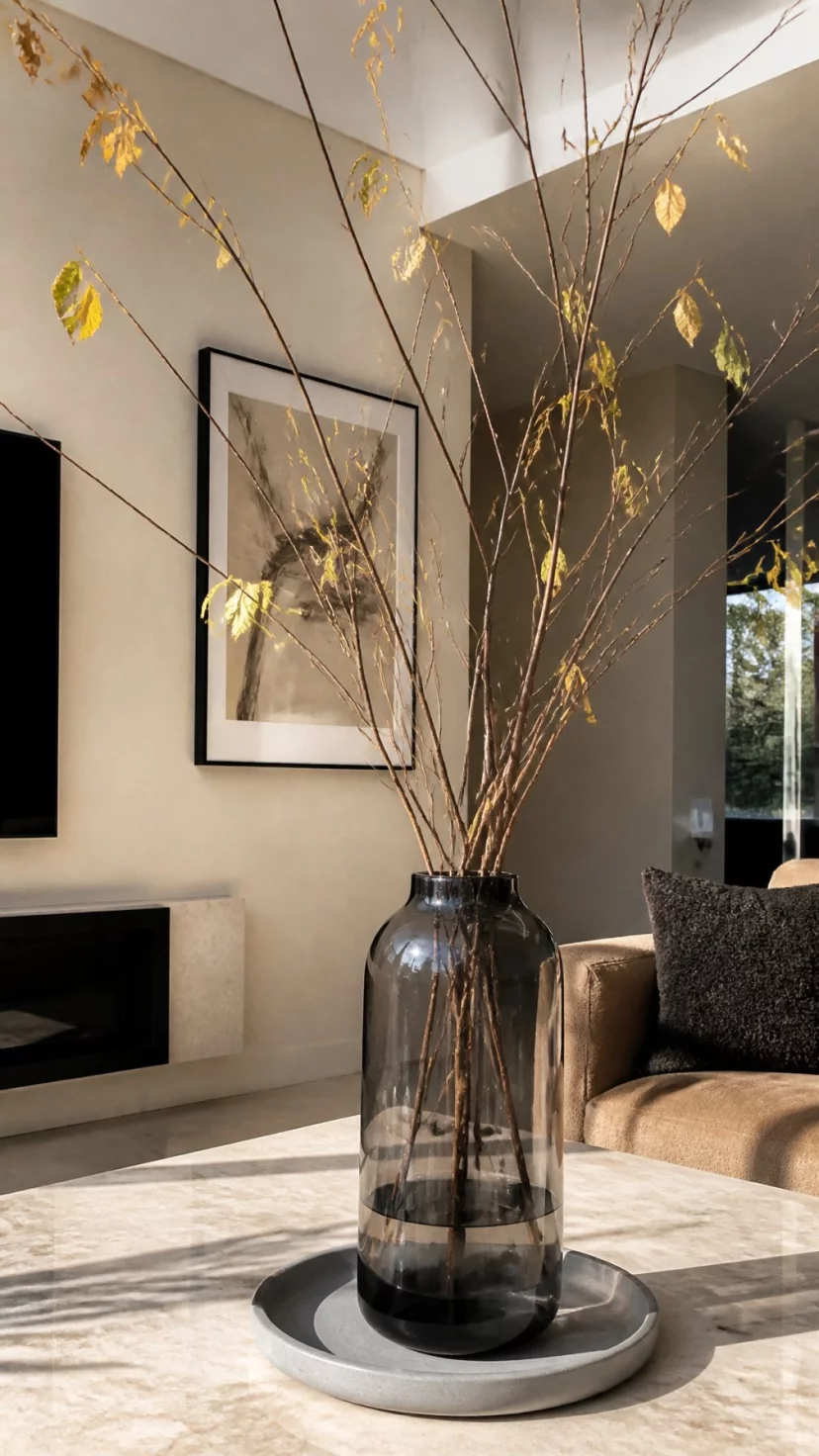 Oversized Smoked Glass Vases With Bare Branches A super-realistic photo of a contemporary living room table holding a large tall vase made of charcoal-tinted glass, several long spindly brown branches reaching toward the ceiling with a few lingering yellow leaves, a minimalist concrete tray underneath the vase, sharp daylight creating long shadows, everyday social media post aesthetic, photorealistic, high-quality mobile photography, shot on an iPhone 14