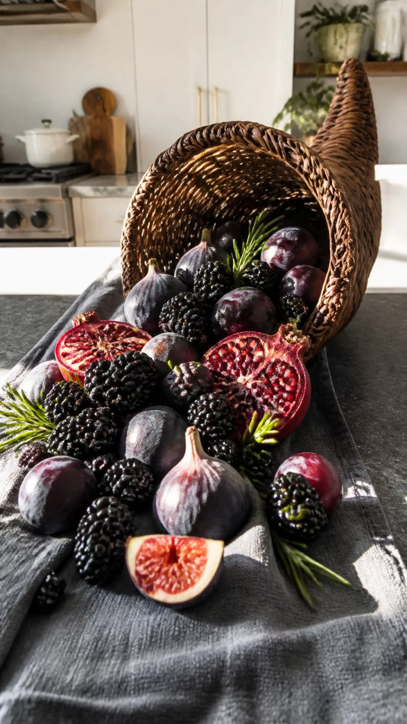 Overflowing Edible Cornucopia Of Dark Fruits A super-realistic photo of a rustic kitchen island featuring a large wicker horn of plenty spilling out dark purple figs, blackberries, plums, and pomegranate halves onto a slate grey table runner, small sprigs of fresh rosemary adding a touch of green to the moody fruit arrangement, bright afternoon sun hitting the textured fruit skins, everyday social media post aesthetic, photorealistic, high-quality mobile photography, shot on an iPhone 14
