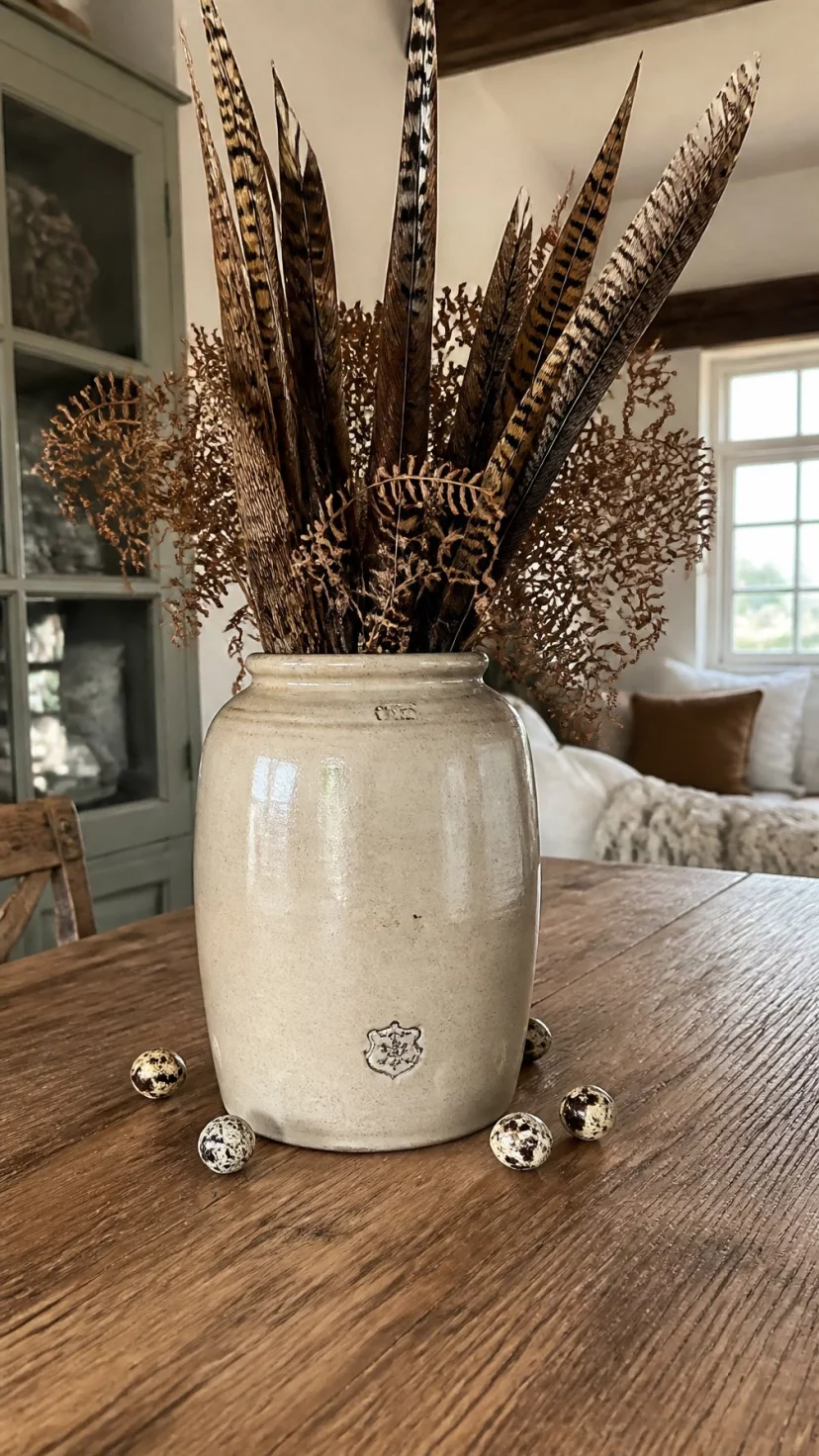 Feather And Fern Bouquets In Stoneware Crocks A super-realistic photo of a heavy rustic dining table with a beige ceramic stoneware crock filled with tall pheasant feathers and dried brown ferns, a few small speckled eggs scattered around the base of the crock, soft window light hitting the textured ceramic, everyday social media post aesthetic, photorealistic, high-quality mobile photography, shot on an iPhone 14