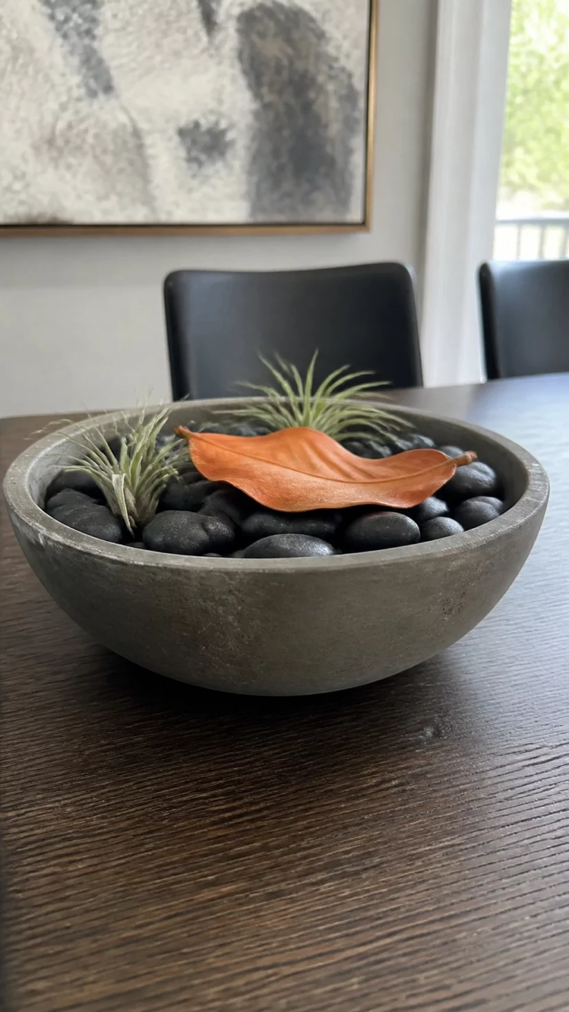 Concrete Bowls Filled With Dark River Stones A super-realistic photo of a minimalist dining table featuring a heavy grey concrete bowl filled with smooth black river stones and a few air plants, a single large orange leaf resting on top of the stones, sharp modern lines and neutral colors, everyday social media post aesthetic, photorealistic, high-quality mobile photography, shot on an iPhone 14