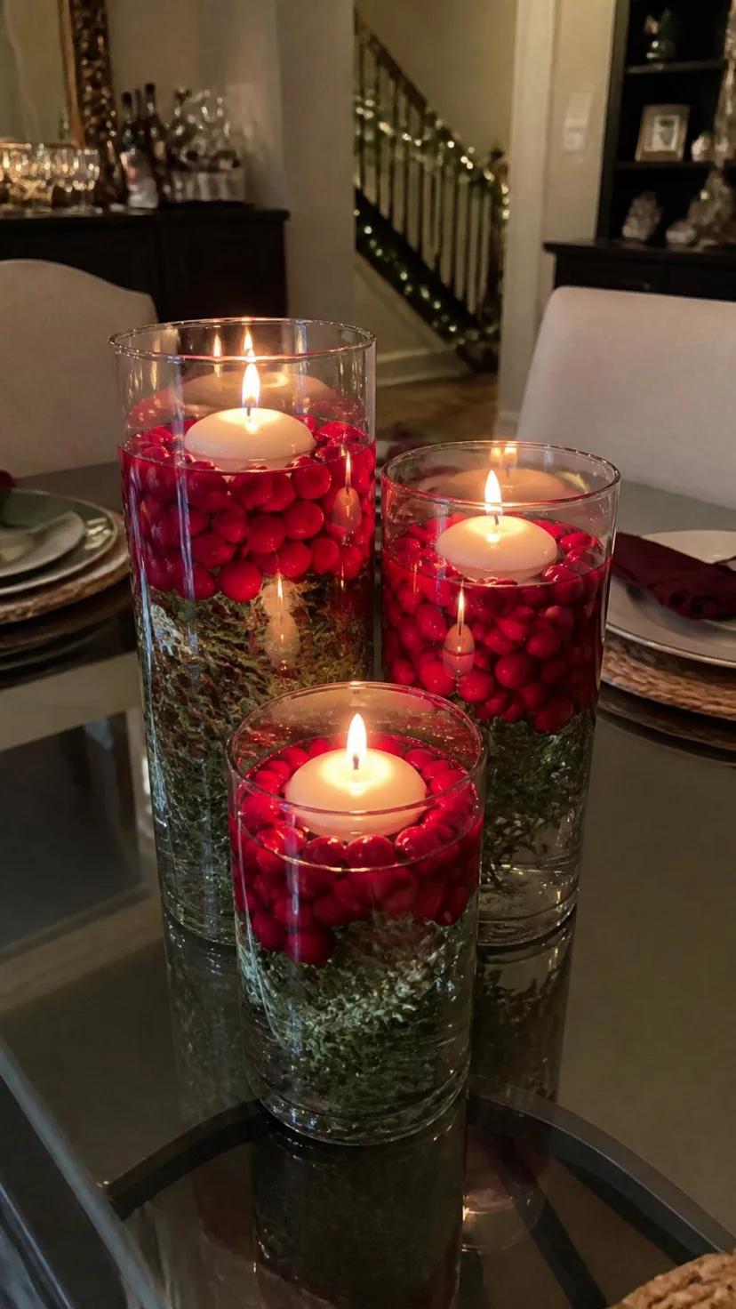 Sunken Floating Cranberries And Floating Candles A super-realistic photo of a glass dining table featuring three large cylindrical glass vases filled with water and bright red fresh cranberries, white floating candles flickering on the surface of the water inside the vases, small evergreen sprigs sitting at the bottom of each vessel, soft evening light reflecting off the glass, everyday social media post aesthetic, photorealistic, high-quality mobile photography, shot on an iPhone 14