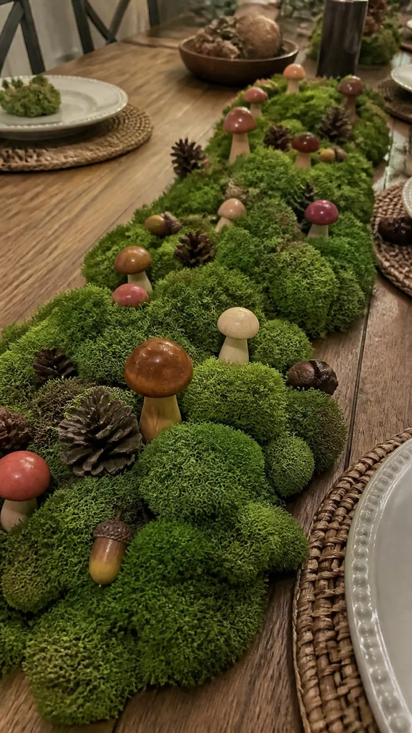Mossy Woodland Floor With Miniature Mushrooms A super-realistic photo of a farmhouse table decorated with a long strip of vibrant green preserved moss acting as a runner, tiny handcrafted wooden and ceramic mushrooms tucked into the moss alongside small pinecones and scattered acorns, soft overhead lighting emphasizing the earthy textures, everyday social media post aesthetic, photorealistic, high-quality mobile photography, shot on an iPhone 14