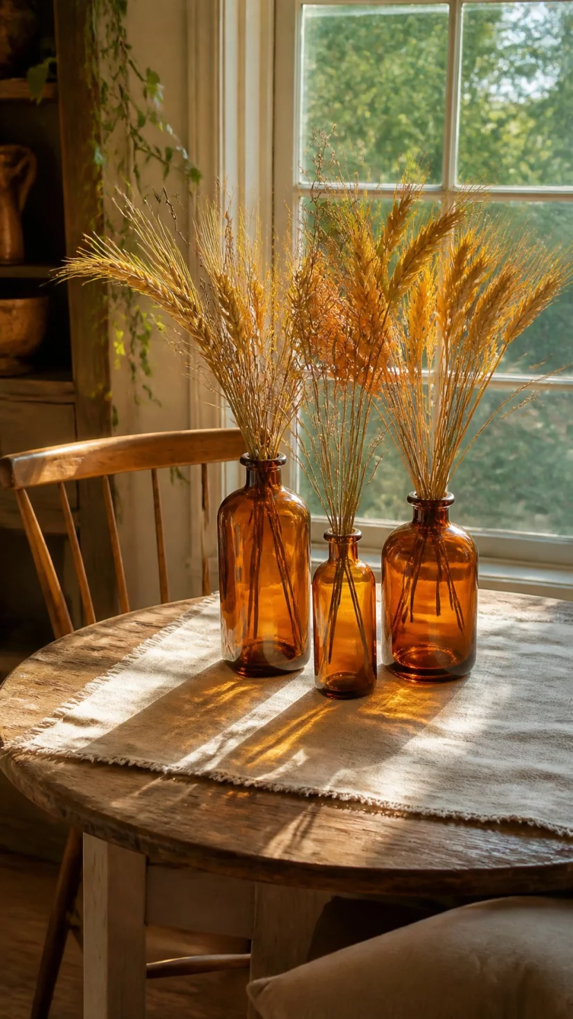 Dried Wheat Sheaves In Amber Glass Vases A super-realistic photo of a cozy sunlit breakfast nook where a round wooden table holds a trio of amber-colored glass bottles filled with tall dried golden wheat stalks, glowing sunlight passing through the translucent orange glass and casting warm shadows, a simple cream linen tablecloth underneath the arrangement, everyday social media post aesthetic, photorealistic, high-quality mobile photography, shot on an iPhone 14