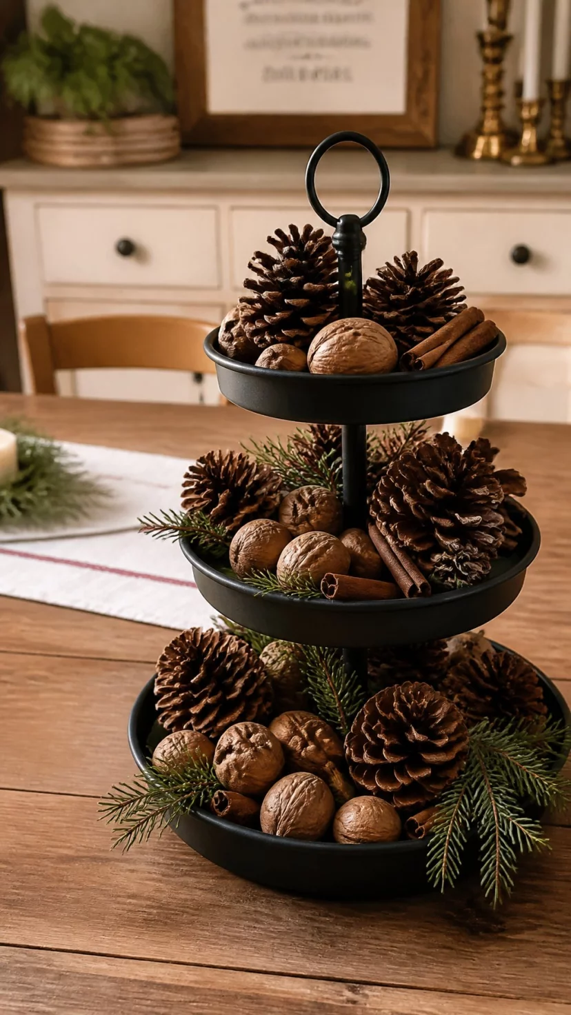 Tiered Dessert Stand With Pinecones And Nuts A super-realistic photo of a wooden table featuring a three-tiered black metal dessert stand, the tiers filled with assorted pinecones, walnuts in their shells, and small sprigs of evergreen, a few cinnamon sticks tucked into the arrangement, soft indoor lighting, everyday social media post aesthetic, photorealistic, high-quality mobile photography, shot on an iPhone 14
