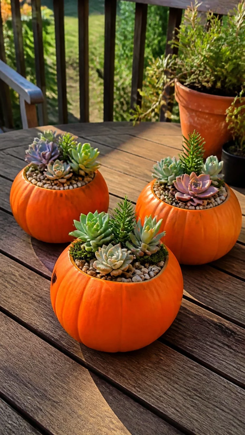 Succulents Tucked Into Hollowed Out Gourds A super-realistic photo of a sunny wooden deck table featuring three small orange pumpkins hollowed out and planted with various green and purple succulents, small pebbles covering the soil inside the pumpkin planters, a rustic outdoor setting with autumn sunlight, everyday social media post aesthetic, photorealistic, high-quality mobile photography, shot on an iPhone 14