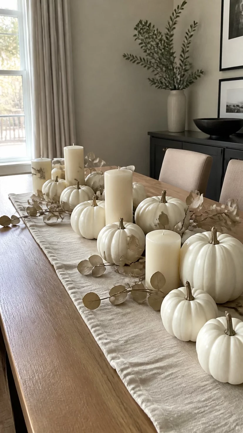 Monochromatic White Pumpkin Clusters A super-realistic photo of a modern dining room featuring a long oak table covered with various sizes of matte white ceramic pumpkins and cream-colored pillar candles at different heights, soft natural light streaming through a nearby window onto a beige linen runner, minimalist autumn aesthetics with dried eucalyptus sprigs tucked between the white gourds, everyday social media post aesthetic, photorealistic, high-quality mobile photography, shot on an iPhone 14
