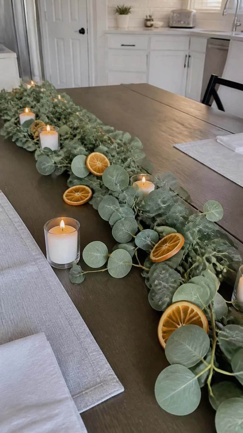 Minimalist Eucalyptus And Dried Orange Slices A super-realistic photo of a modern kitchen table featuring a thin garland of silver dollar eucalyptus leaves intertwined with dehydrated translucent orange slices, small white votive candles scattered along the greenery, light grey linen placemats nearby, bright and airy morning atmosphere, everyday social media post aesthetic, photorealistic, high-quality mobile photography, shot on an iPhone 14