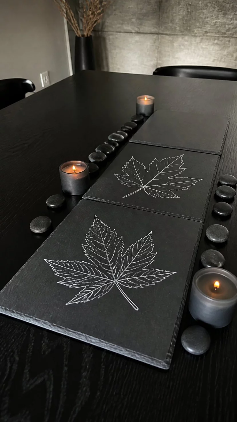 Dark Slate Tiles With Chalkboard Leaf Art A super-realistic photo of a sleek black dining table with square slate tiles placed in the center, hand-drawn white chalk illustrations of maple and oak leaves on the tiles, small black river stones and dark grey candles surrounding the artwork, moody and industrial interior design, everyday social media post aesthetic, photorealistic, high-quality mobile photography, shot on an iPhone 14