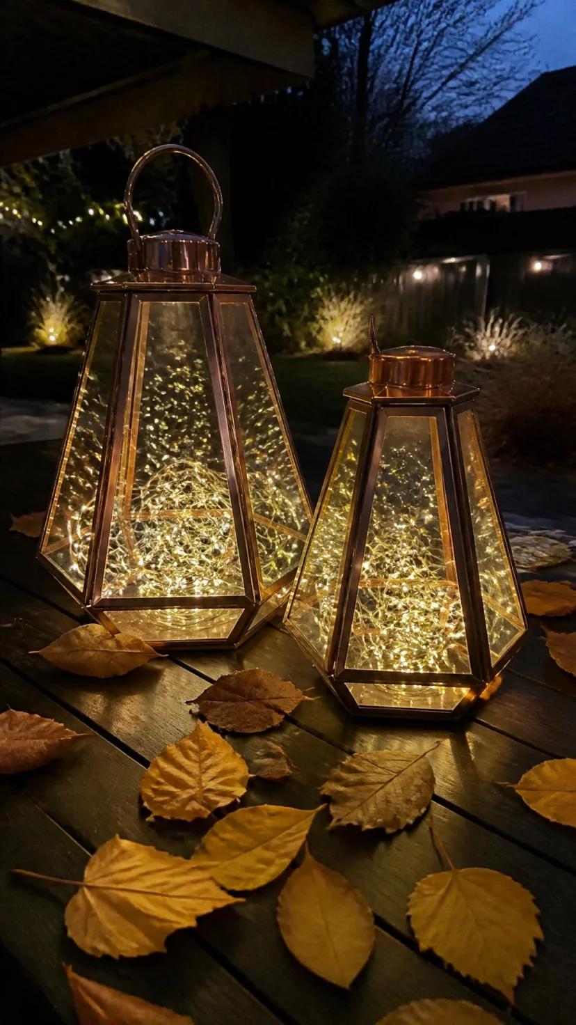 Copper Lanterns Filled With Fairy Lights A super-realistic photo of an outdoor patio table at dusk featuring two large geometric copper lanterns, the interiors of the lanterns glowing with tangled warm white fairy lights, fallen yellow leaves scattered around the base of the lanterns on a dark wood surface, distant garden lights blurred in the background, everyday social media post aesthetic, photorealistic, high-quality mobile photography, shot on an iPhone 14
