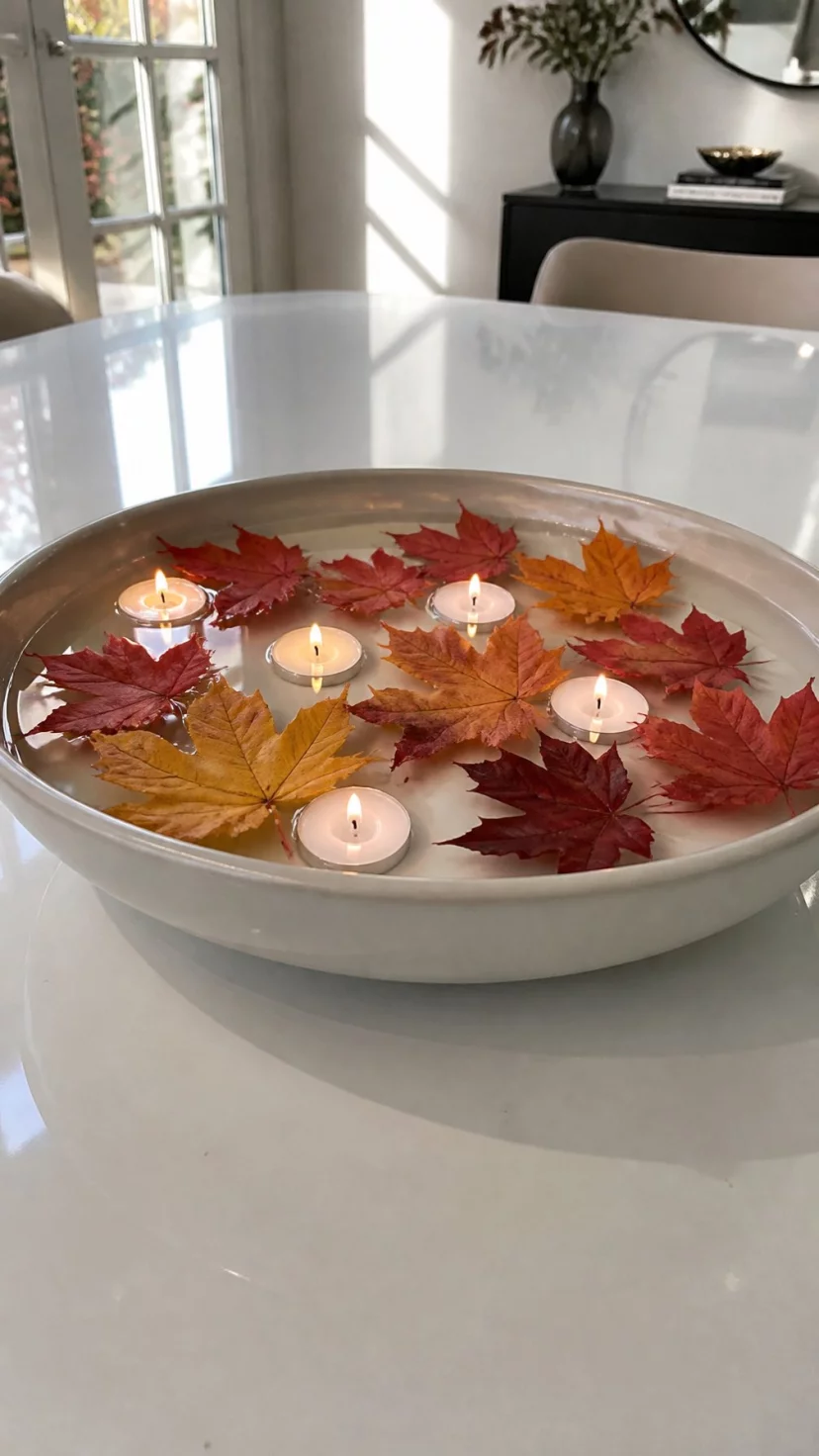 Floating Autumn Leaf Bowl A super-realistic photo of a sleek white dining table with a large shallow ceramic bowl filled with water, several bright red and yellow autumn leaves floating on the surface of the water, small tea light candles floating between the leaves, clean and modern interior design, everyday social media post aesthetic, photorealistic, high-quality mobile photography, shot on an iPhone 14