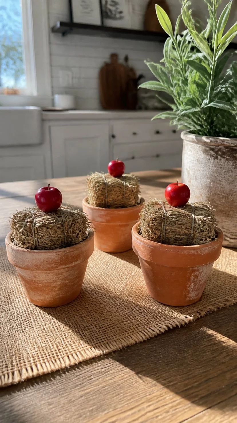Terracotta Pots With Mini Hay Bales A super-realistic photo of a casual kitchen table holding small weathered terracotta pots, each pot containing a miniature square hay bale topped with a single tiny red apple, a burlap table runner underneath the pots, bright midday sun lighting up the scene, everyday social media post aesthetic, photorealistic, high-quality mobile photography, shot on an iPhone 14