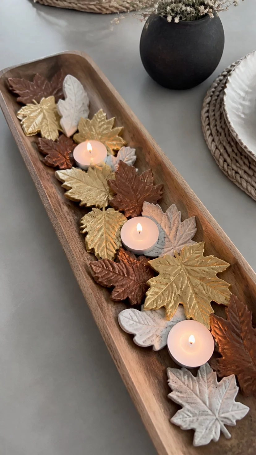 Salt Dough Leaf Sculptures In A Center Tray A super-realistic photo of a light grey table with a long wooden tray containing handcrafted salt dough leaves painted in metallic bronze and gold, tiny white candles placed between the dough sculptures, a cozy and handmade aesthetic, everyday social media post aesthetic, photorealistic, high-quality mobile photography, shot on an iPhone 14