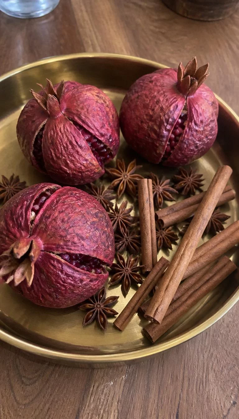 A super-realistic photo of a kitchen table where a few whole dried pomegranates with deep cracked red skins sit on a brass tray next to several cinnamon sticks and star anise, everyday social media post aesthetic, photorealistic, high-quality mobile photography, shot on an iPhone 14
