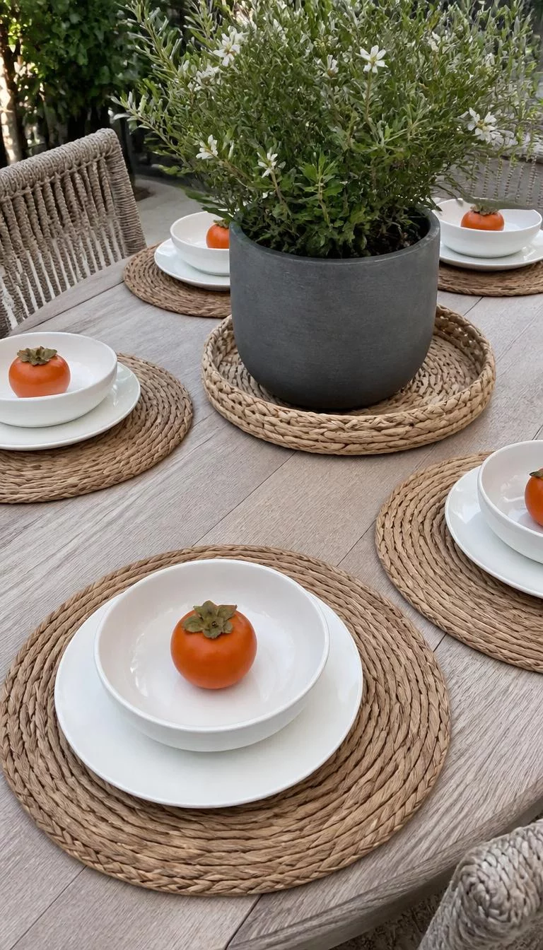 A super-realistic photo of a garden patio table featuring round woven seagrass placemats under white ceramic bowls with small orange persimmons placed on top of each seat setting, everyday social media post aesthetic, photorealistic, high-quality mobile photography, shot on an iPhone 14