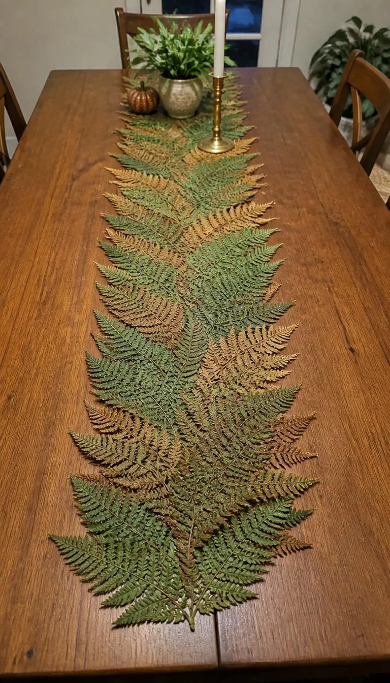 A super-realistic photo of a long wooden dining table with a runner made entirely of flat pressed green and brown fern leaves arranged in an overlapping pattern down the center, everyday social media post aesthetic, photorealistic, high-quality mobile photography, shot on an iPhone 14