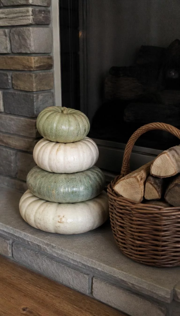 A super-realistic photo of a fireplace hearth where several flat white and pale green gourds are stacked on top of each other in a neat pile next to a basket of firewood, everyday social media post aesthetic, photorealistic, high-quality mobile photography, shot on an iPhone 14