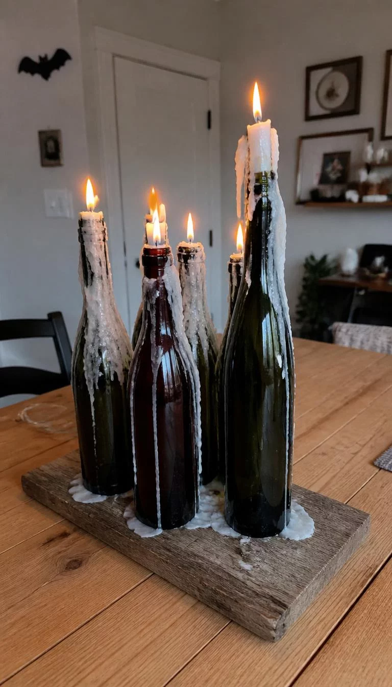 A super-realistic photo of a dining table with several empty dark green and burgundy wine bottles used as candle holders with white wax dripping down the sides onto a wooden board, everyday social media post aesthetic, photorealistic, high-quality mobile photography, shot on an iPhone 14