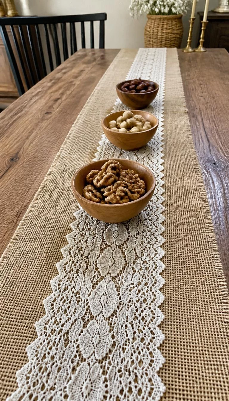 A super-realistic photo of a rustic farmhouse table with a wide burlap runner topped by a narrower strip of delicate white vintage lace and several small wooden bowls of nuts, everyday social media post aesthetic, photorealistic, high-quality mobile photography, shot on an iPhone 14