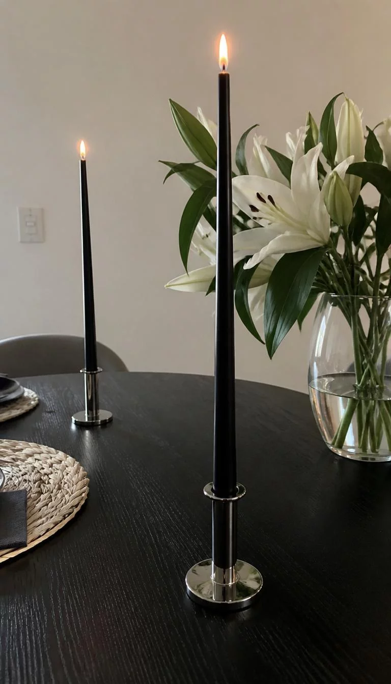 A super-realistic photo of a dining room table setup with tall thin black candles in simple silver holders standing against a backdrop of a light gray wall and white flowers, everyday social media post aesthetic, photorealistic, high-quality mobile photography, shot on an iPhone 14