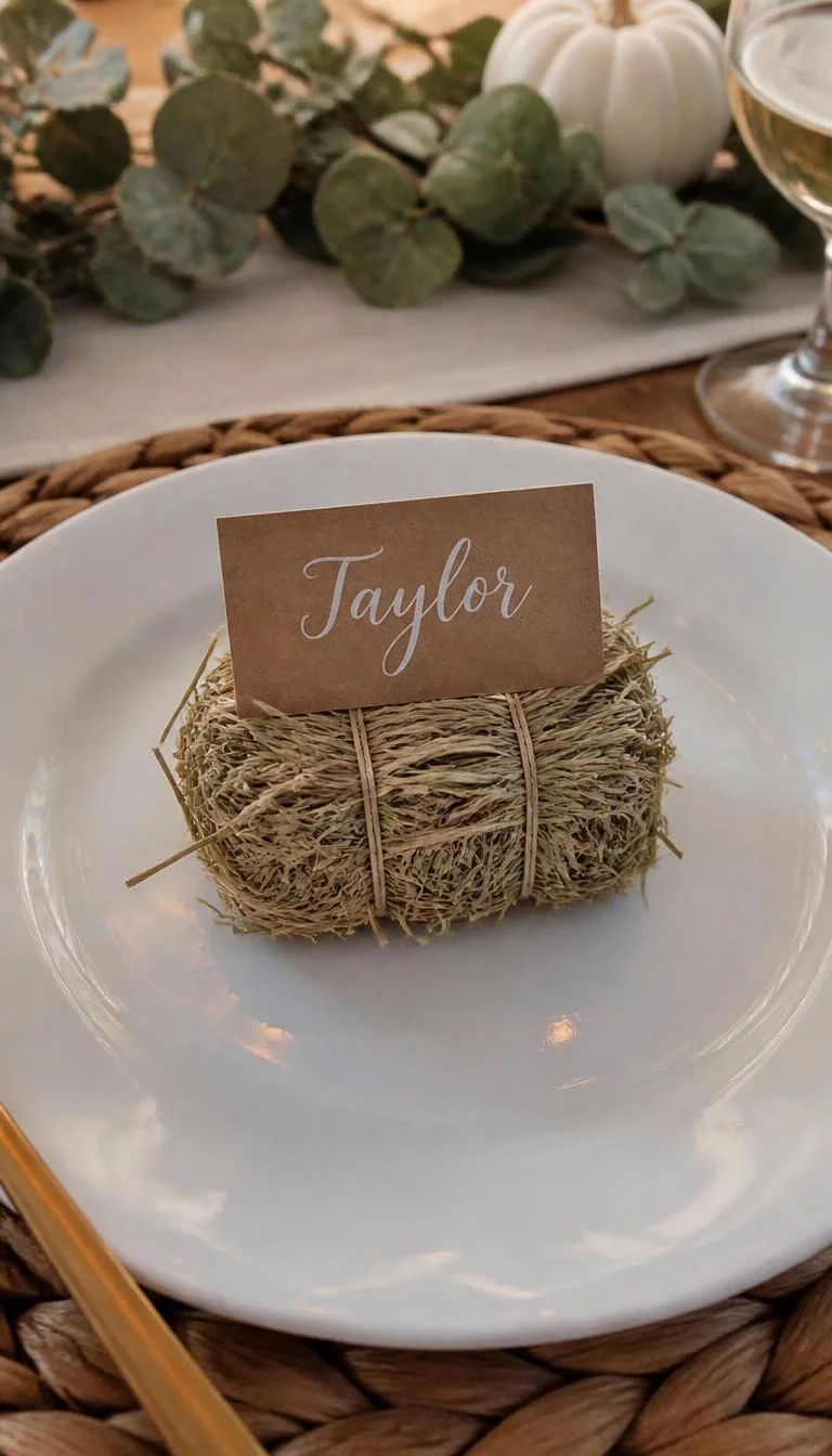 A super-realistic photo of a table setting where a tiny three inch long hay bale sits on a plate holding a small brown card with a name written in white calligraphy, everyday social media post aesthetic, photorealistic, high-quality mobile photography, shot on an iPhone 14