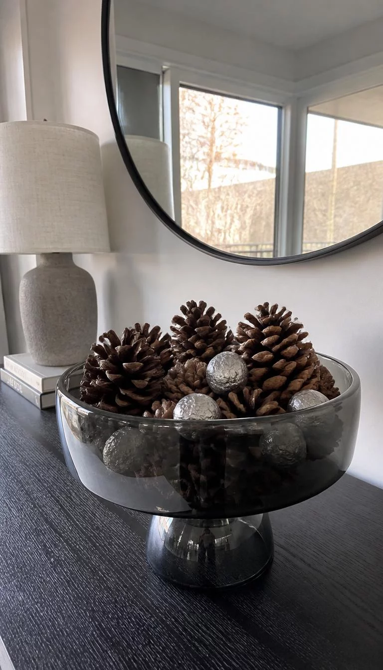 A super-realistic photo of an entryway table featuring a large smoky gray translucent glass bowl filled with oversized pinecones and a few silver painted walnuts, everyday social media post aesthetic, photorealistic, high-quality mobile photography, shot on an iPhone 14