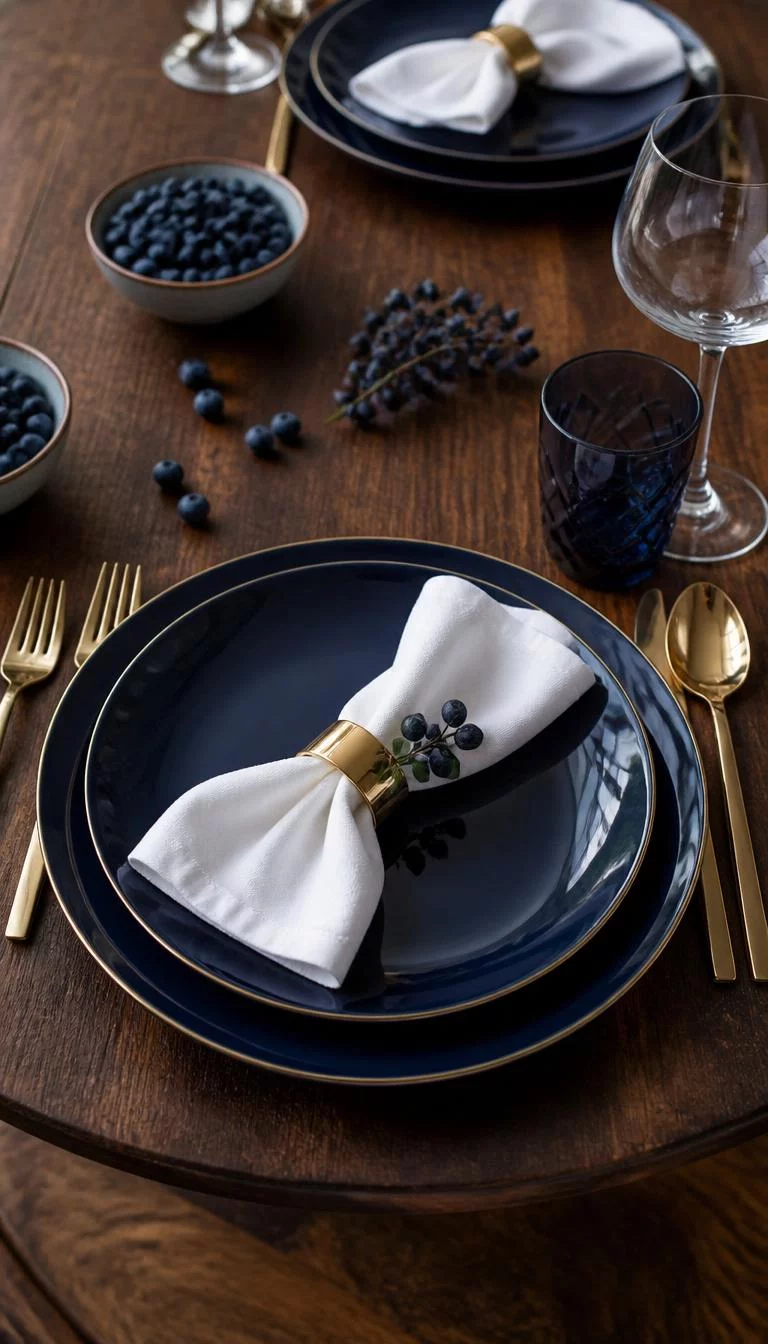 A super-realistic photo of a dining table set with deep navy blue plates white napkins and gleaming gold flatware arranged perfectly on a dark wood surface with small blue berries, everyday social media post aesthetic, photorealistic, high-quality mobile photography, shot on an iPhone 14