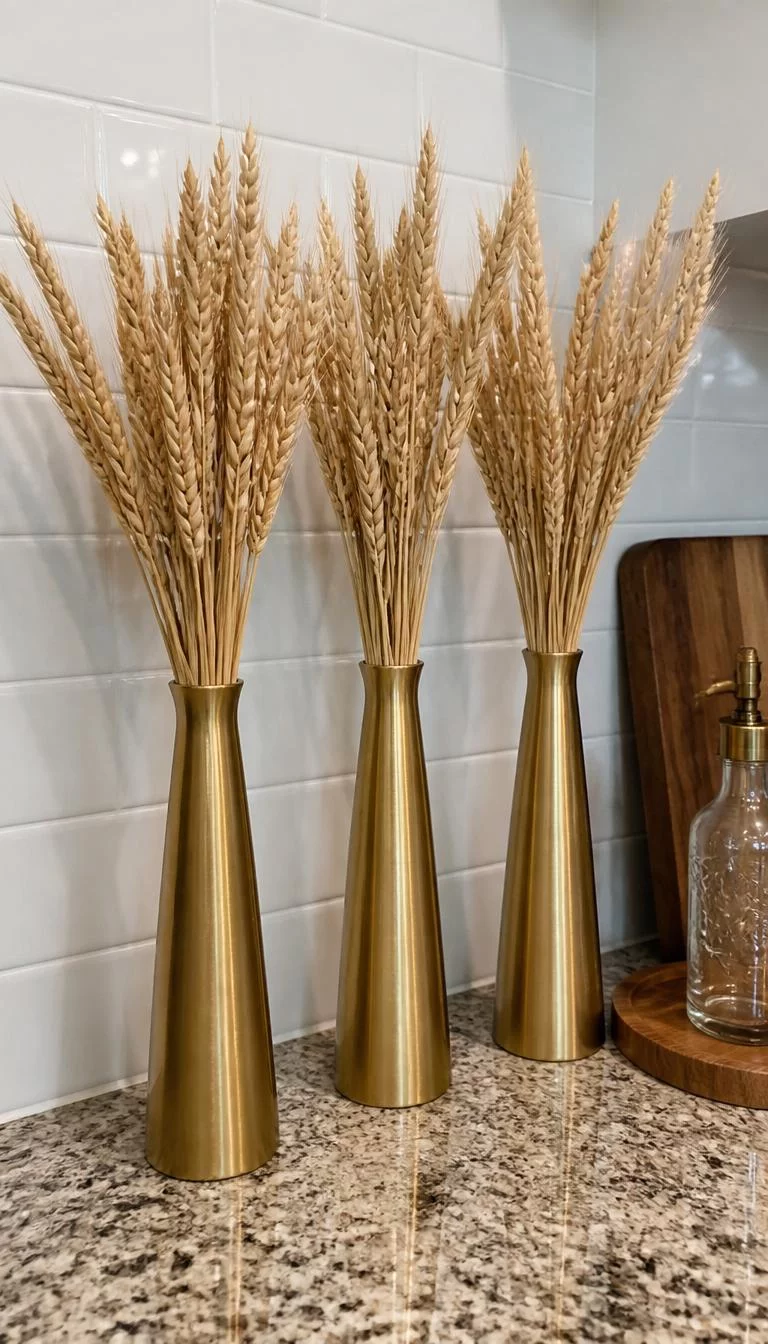 A super-realistic photo of a kitchen counter with three tall narrow brass vases each holding a bundle of dried golden wheat stalks that fan out at the top against a white tile wall, everyday social media post aesthetic, photorealistic, high-quality mobile photography, shot on an iPhone 14