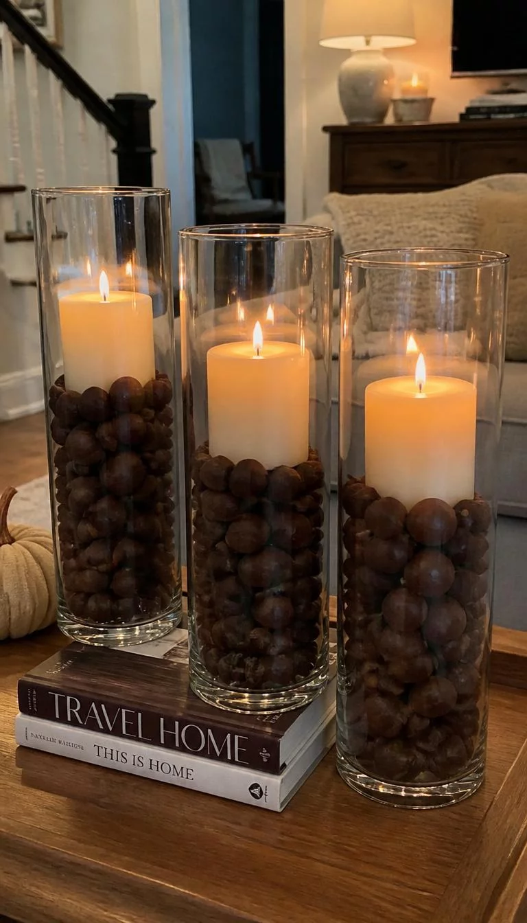 A super-realistic photo of a living room coffee table with three tall glass hurricane vases filled halfway with brown acorns and topped with thick white pillar candles that glow warmly, everyday social media post aesthetic, photorealistic, high-quality mobile photography, shot on an iPhone 14