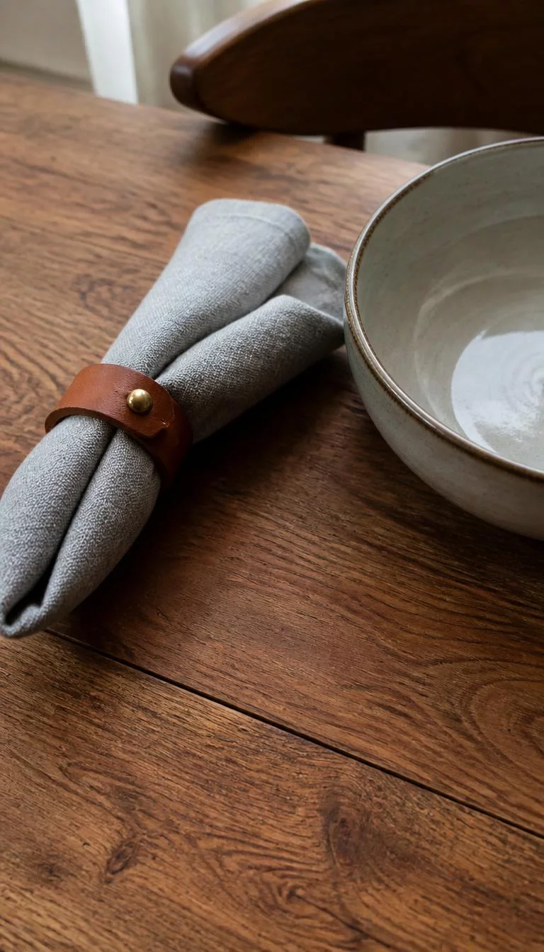 A super-realistic photo of a wooden dining table with a gray cloth napkin held by a simple brown leather strap fastened with a small brass stud next to a heavy ceramic bowl, everyday social media post aesthetic, photorealistic, high-quality mobile photography, shot on an iPhone 14