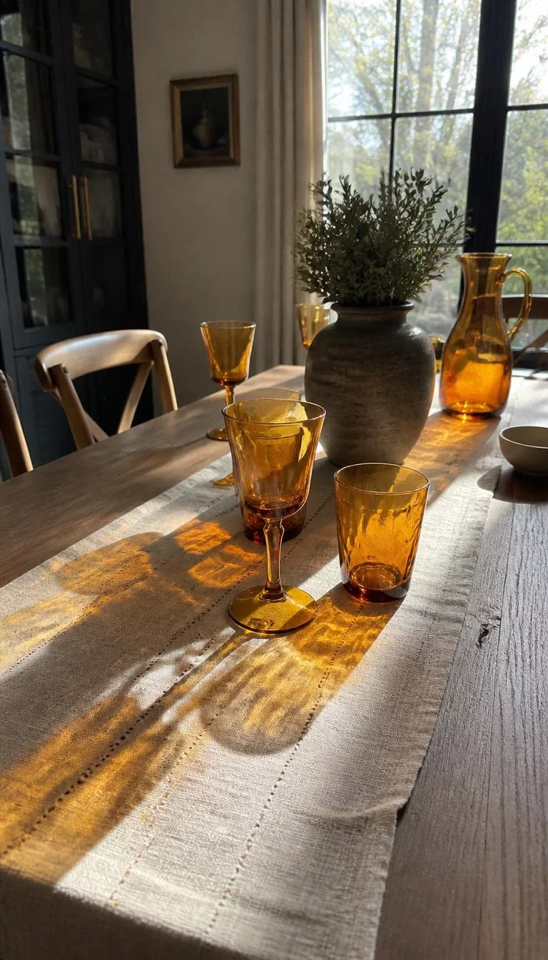 A super-realistic photo of a dining table with sunlight hitting a set of amber colored wine glasses and water goblets which cast warm orange shadows across a cream linen table runner, everyday social media post aesthetic, photorealistic, high-quality mobile photography, shot on an iPhone 14