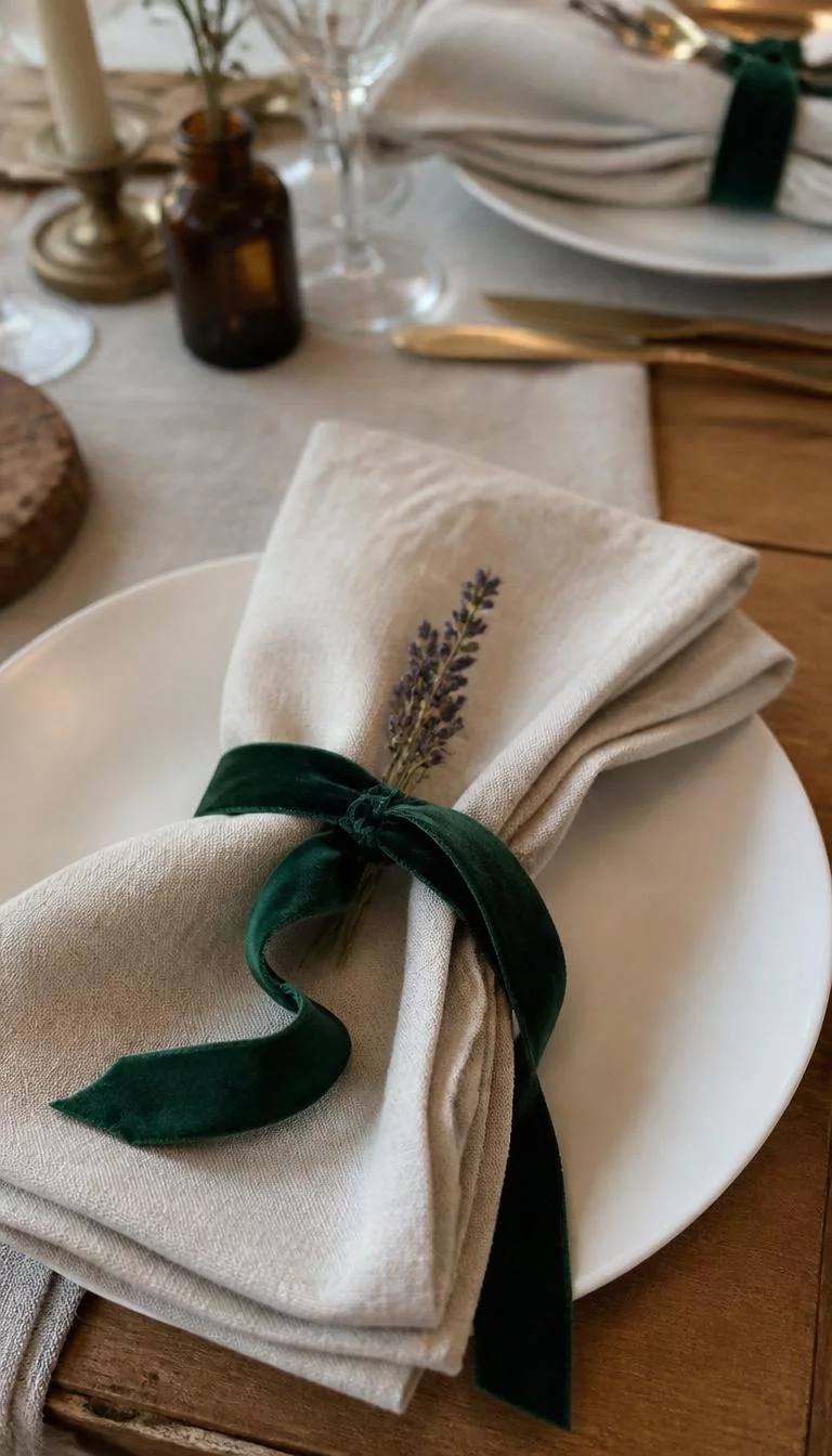 A super-realistic photo of a dining table setting where thick forest green velvet ribbons tie loosely around folded oatmeal colored cloth napkins with a tiny sprig of dried lavender tucked into each knot, everyday social media post aesthetic, photorealistic, high-quality mobile photography, shot on an iPhone 14