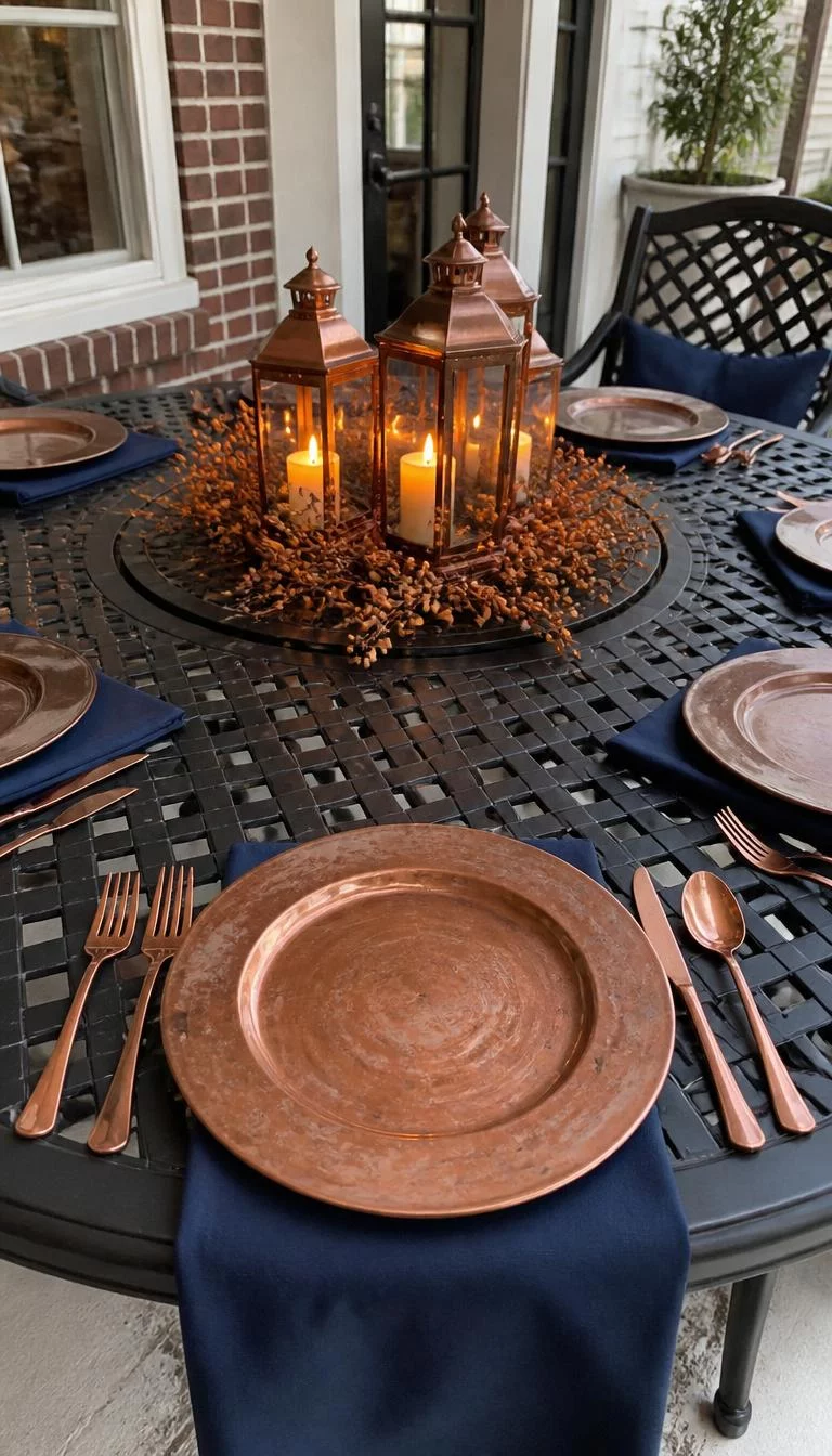A super-realistic photo of a patio dining set where aged copper metal plates sit atop navy blue napkins with a centerpiece of flickering copper lanterns and small orange berries, everyday social media post aesthetic, photorealistic, high-quality mobile photography, shot on an iPhone 14