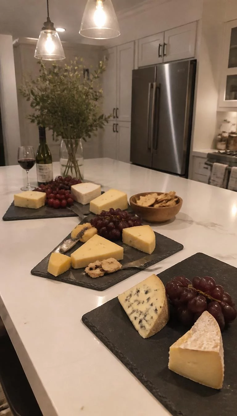 A super-realistic photo of a kitchen island with several dark gray slate boards of various sizes holding assortments of hard cheeses and grapes under warm hanging pendant lights, everyday social media post aesthetic, photorealistic, high-quality mobile photography, shot on an iPhone 14