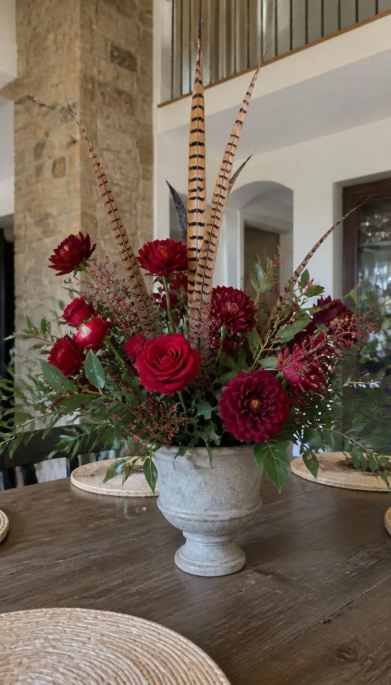 A super-realistic photo of a dining table centerpiece with dark red roses and burgundy dahlias mixed with several tall pheasant feathers and dark green leaves in a stone vase, everyday social media post aesthetic, photorealistic, high-quality mobile photography, shot on an iPhone 14