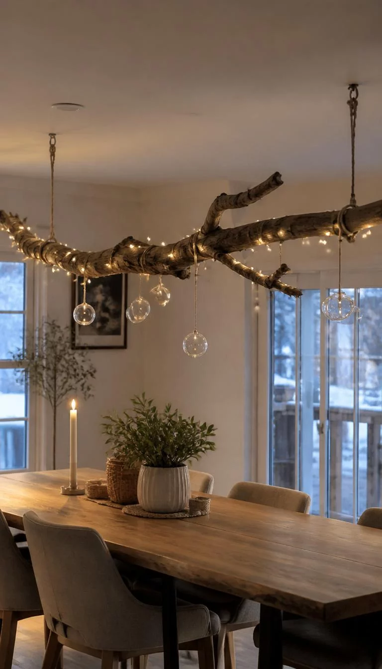 A super-realistic photo of a dining room where a large gnarled tree branch hangs horizontally from the ceiling over the table decorated with small twinkling fairy lights and hanging glass orbs, everyday social media post aesthetic, photorealistic, high-quality mobile photography, shot on an iPhone 14