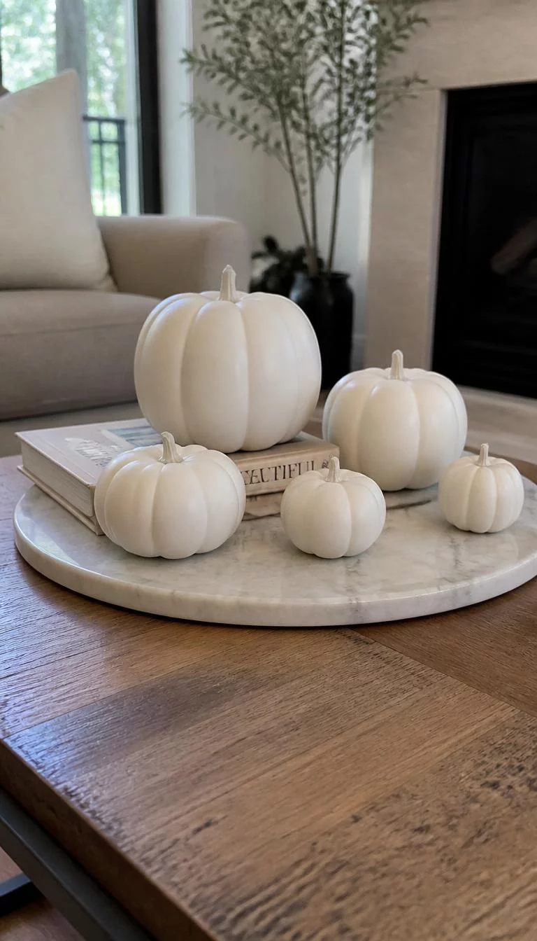 A super-realistic photo of a coffee table featuring a group of five matte white ceramic pumpkins of different sizes arranged on a circular marble tray with a stack of books, everyday social media post aesthetic, photorealistic, high-quality mobile photography, shot on an iPhone 14