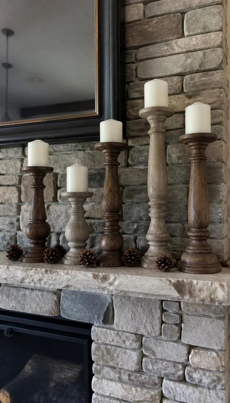 A super-realistic photo of a fireplace mantel decorated with several tall mismatched wooden candle holders with cream colored wax candles and small dried pinecones scattered around the base, everyday social media post aesthetic, photorealistic, high-quality mobile photography, shot on an iPhone 14